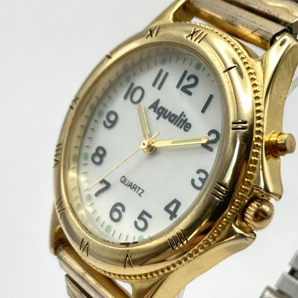 Vintage Aqualite Men's Watch 36mm Gold Tone Backlight Stretch Band New Battery